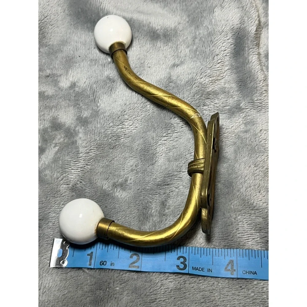 Vintage Brass Double Wall Hooks White Ceramic Knobs Taiwan Coat Hat Towel Pair